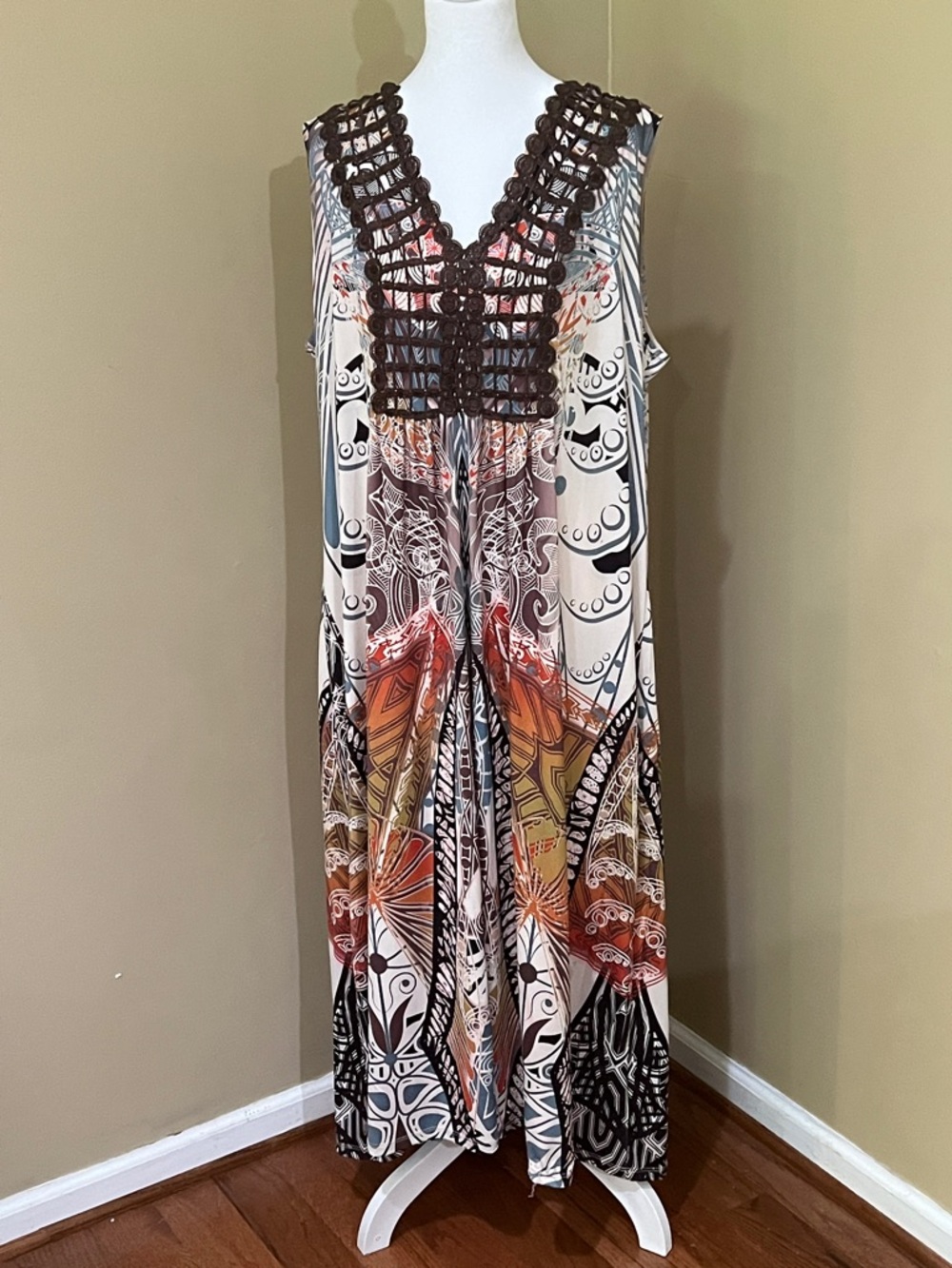 Boho Crochet Yoke Maxi Dress in Cream, Brown & Rust